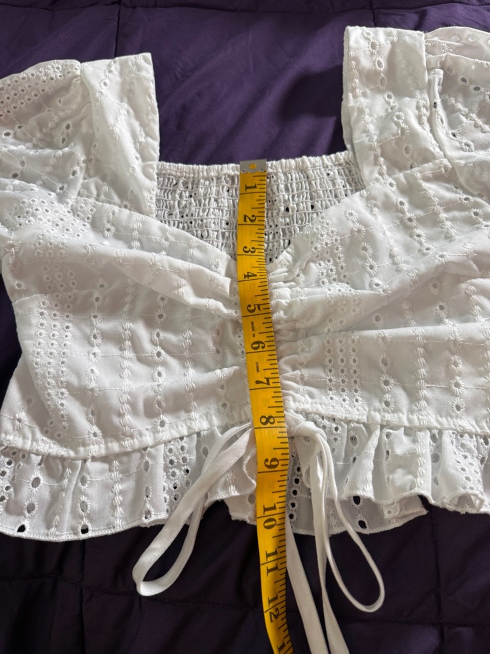 Smocked Eyelet Puff Sleeve Crop Top - White - Picture 4 of 5